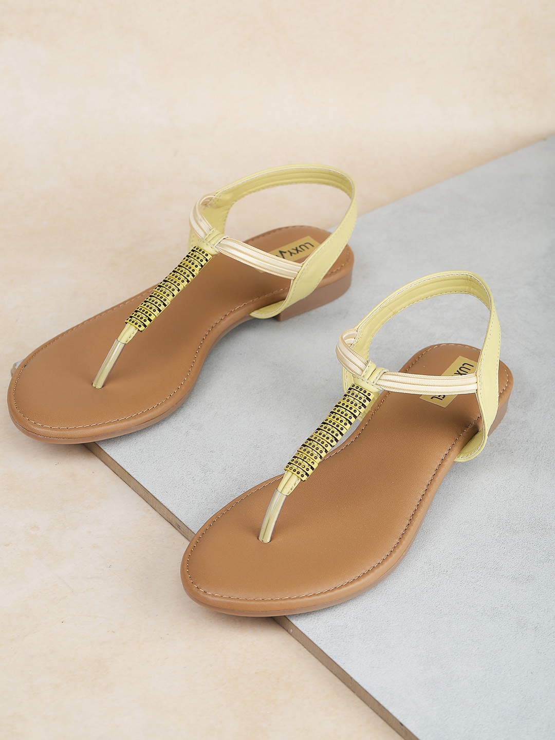 

Luxyfeel Embellished T-Strap Flats With Backstrap, Yellow