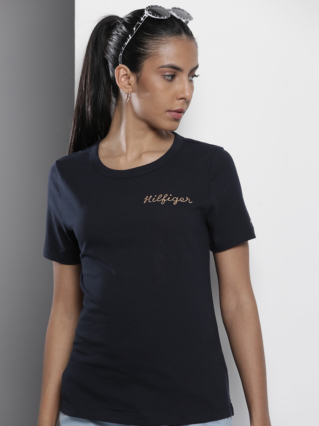 

Tommy Hilfiger Brand Logo Embroidered Pure Cotton Slim Fit T-shirt, Navy blue