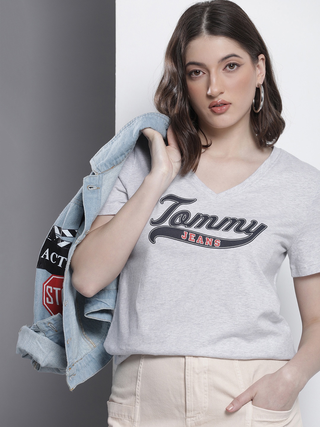 

Tommy Hilfiger Brand Logo Printed V-Neck Pure Cotton T-shirt, Grey