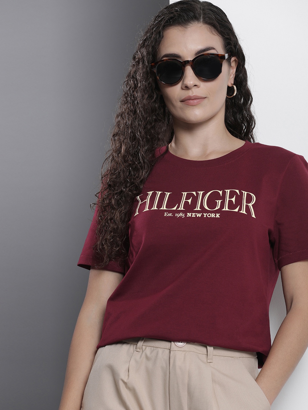 

Tommy Hilfiger Brand Logo Printed Pure Cotton T-shirt, Burgundy