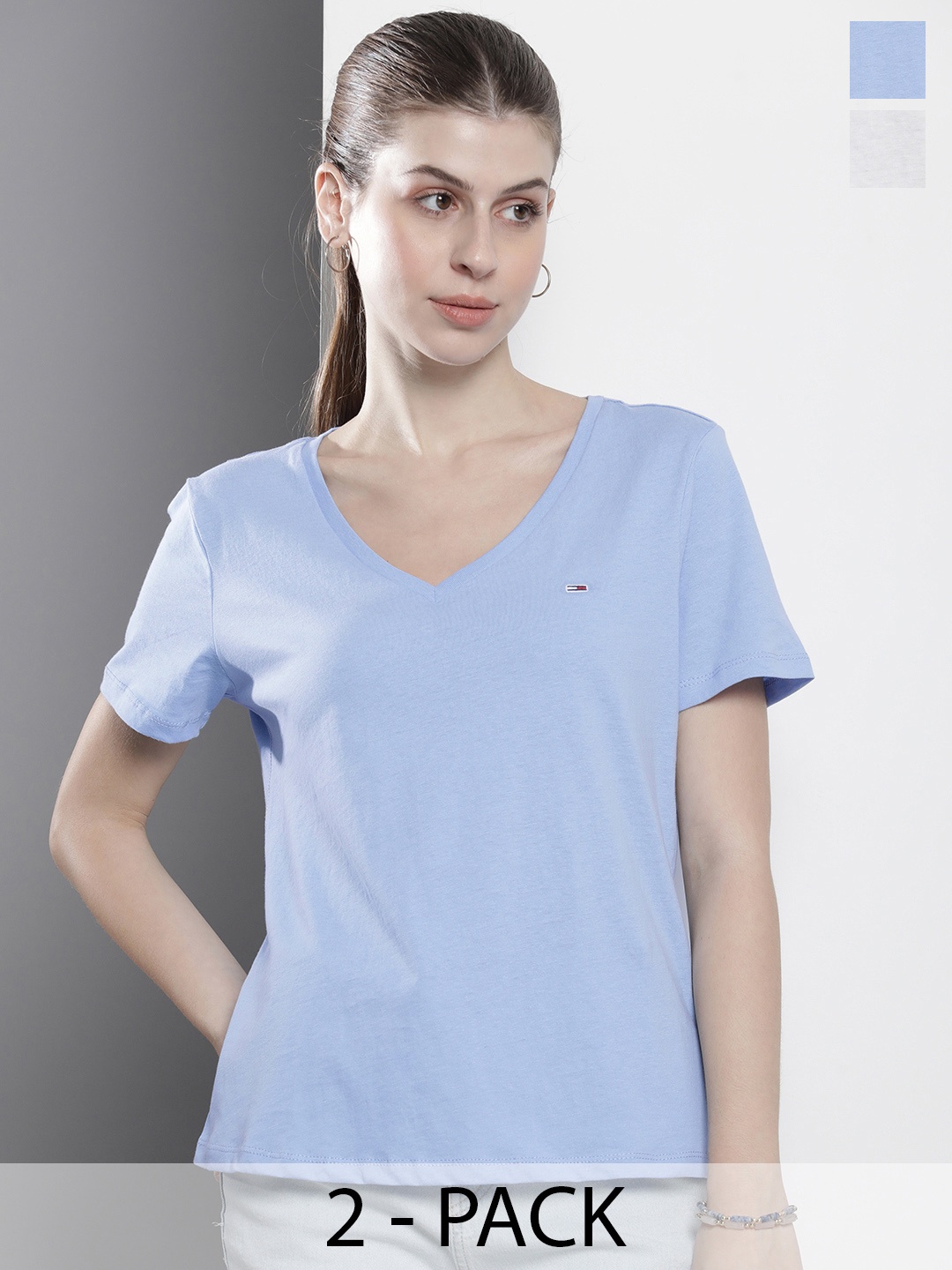 

Tommy Hilfiger Pack Of 2 Pure Cotton V-Neck Slim Fit T-shirt, Blue