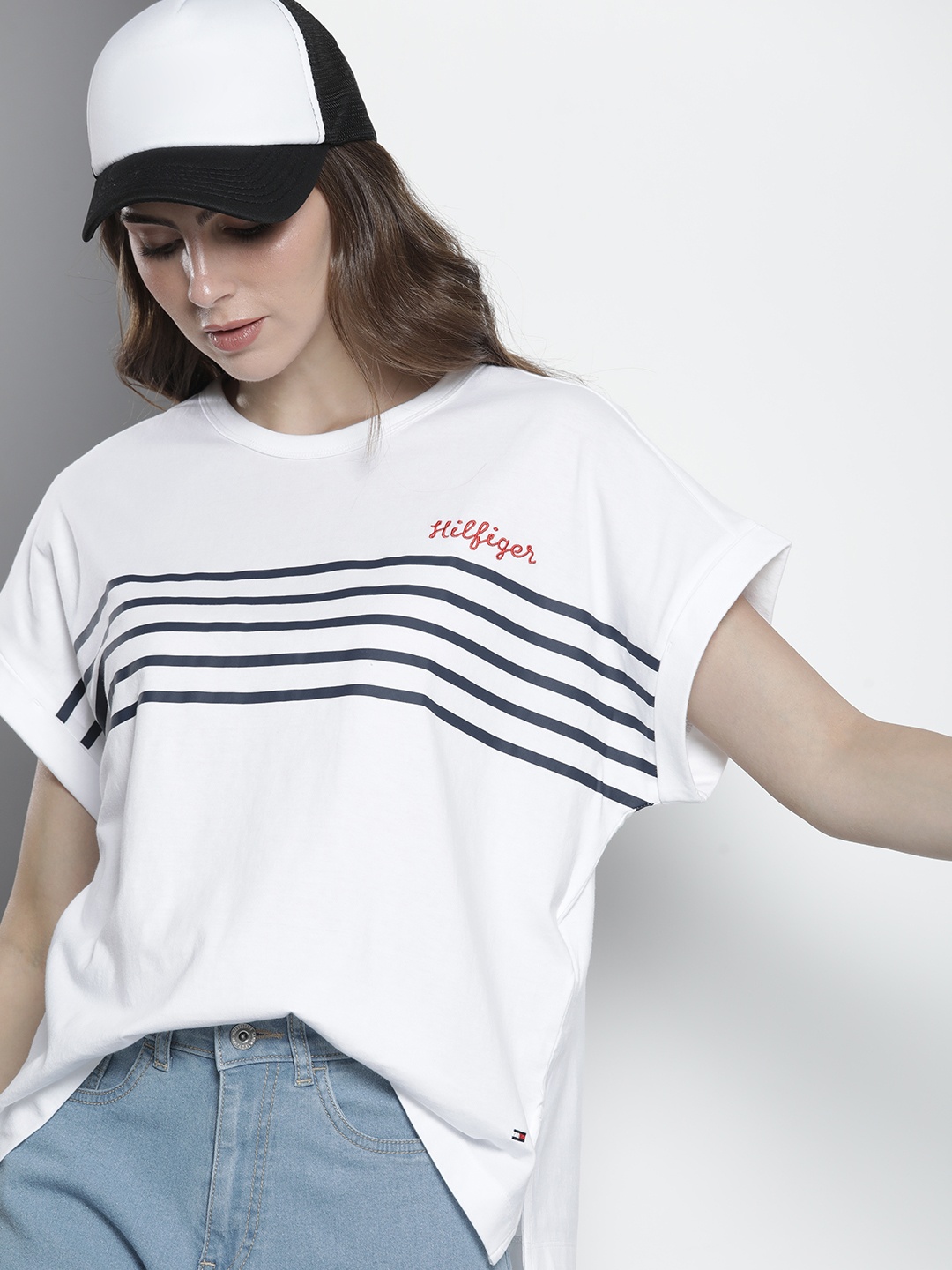 

Tommy Hilfiger Relaxed Fit Striped Extended Sleeves Pure Cotton T-shirt, White