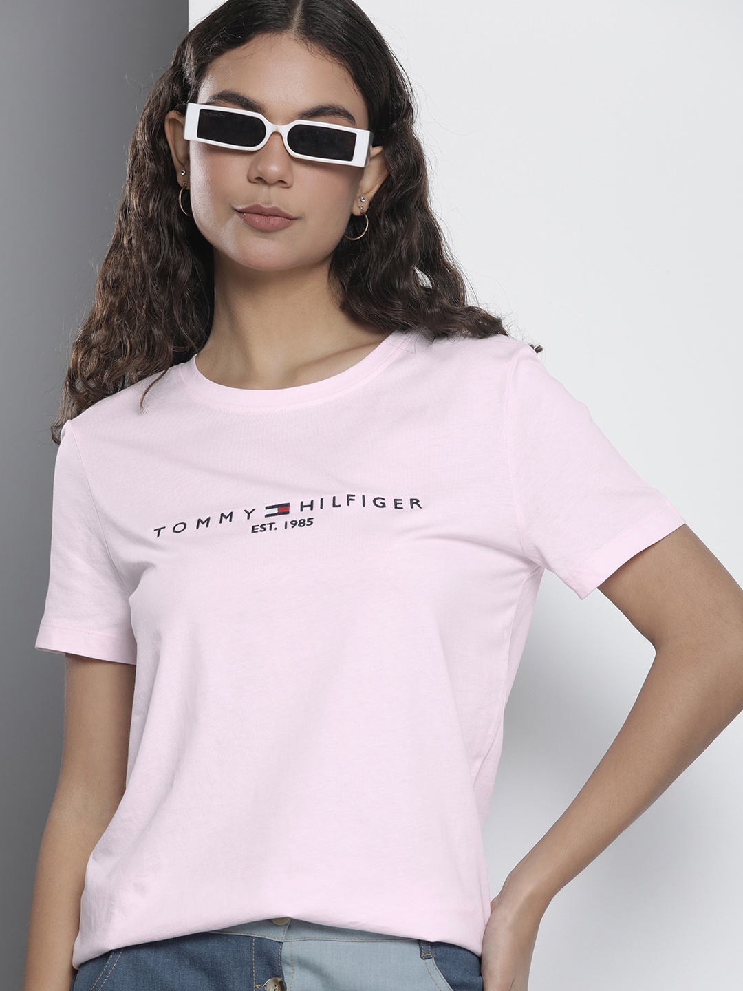 

Tommy Hilfiger Brand Logo Embroidered Pure Cotton Slim Fit T-shirt, Pink