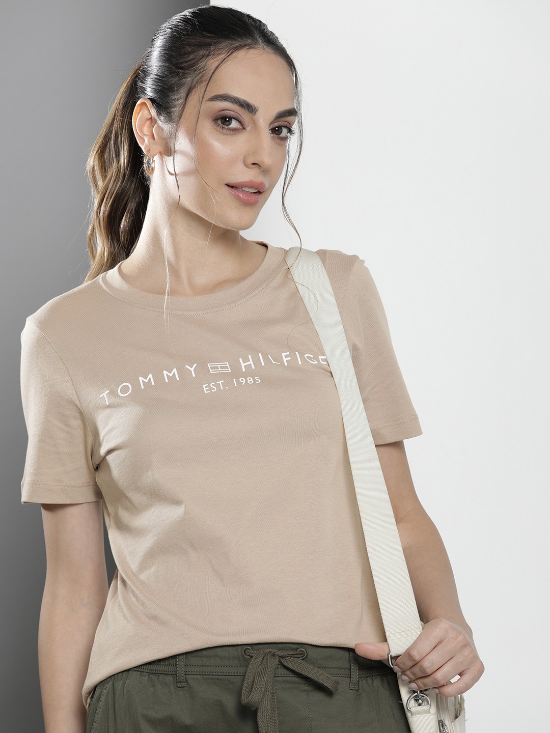 

Tommy Hilfiger Brand Logo Printed Pure Cotton T-shirt, Beige