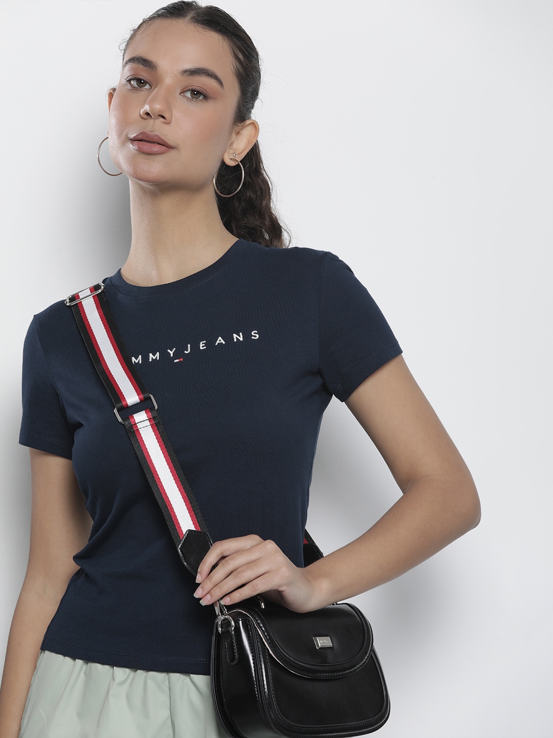 

Tommy Hilfiger Brand Logo Embroidered Pure Cotton Slim Fit T-shirt, Navy blue