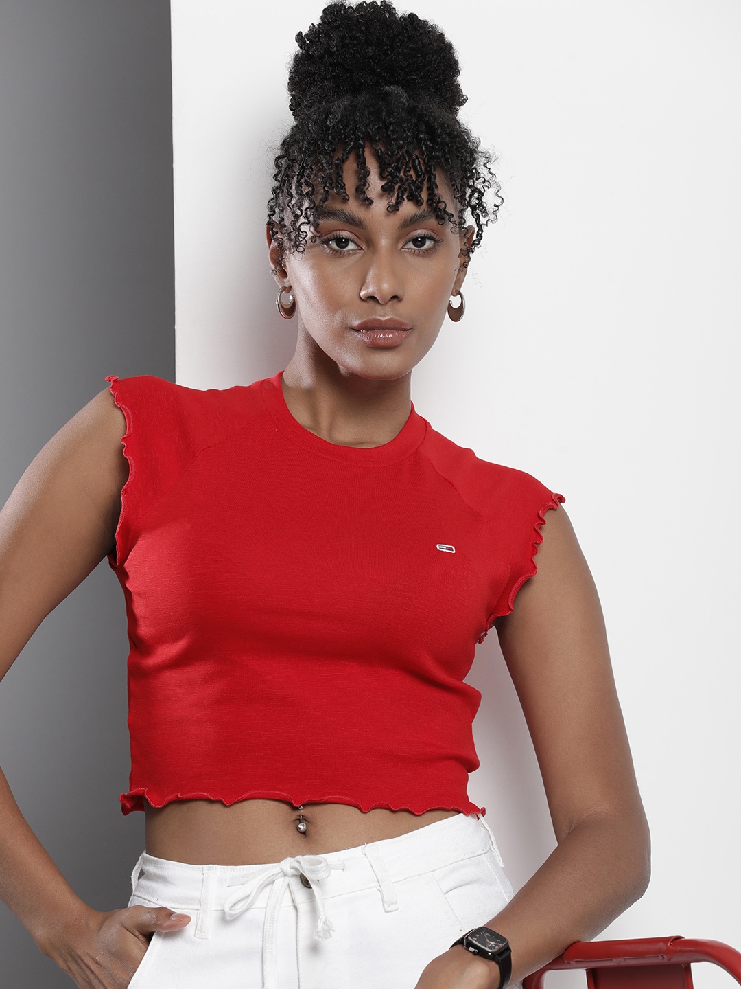 

Tommy Hilfiger Raglan Sleeves Ribbed Crop T-shirt, Red