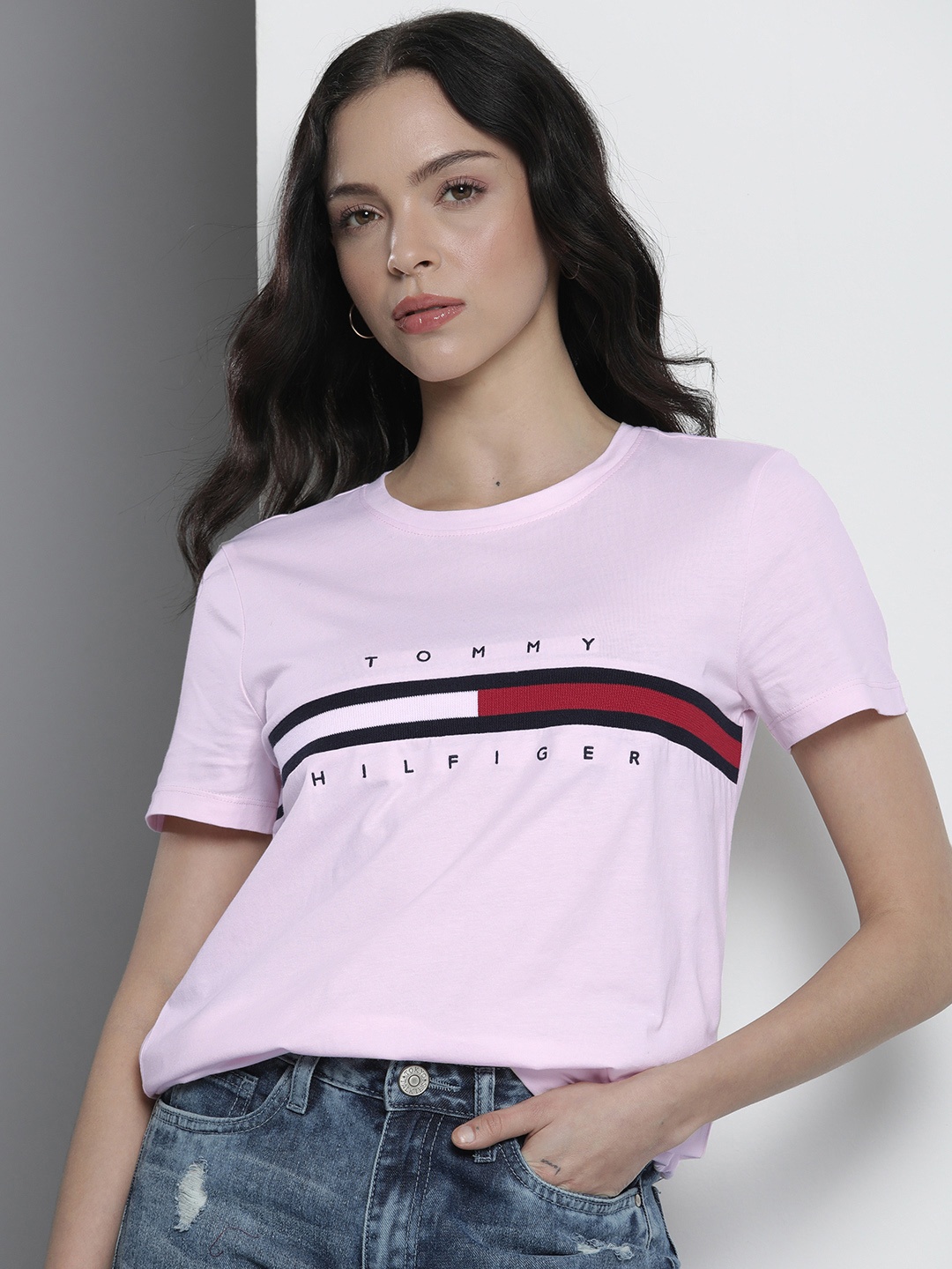 

Tommy Hilfiger Brand Logo Embroidered Pure Cotton T-shirt, Pink