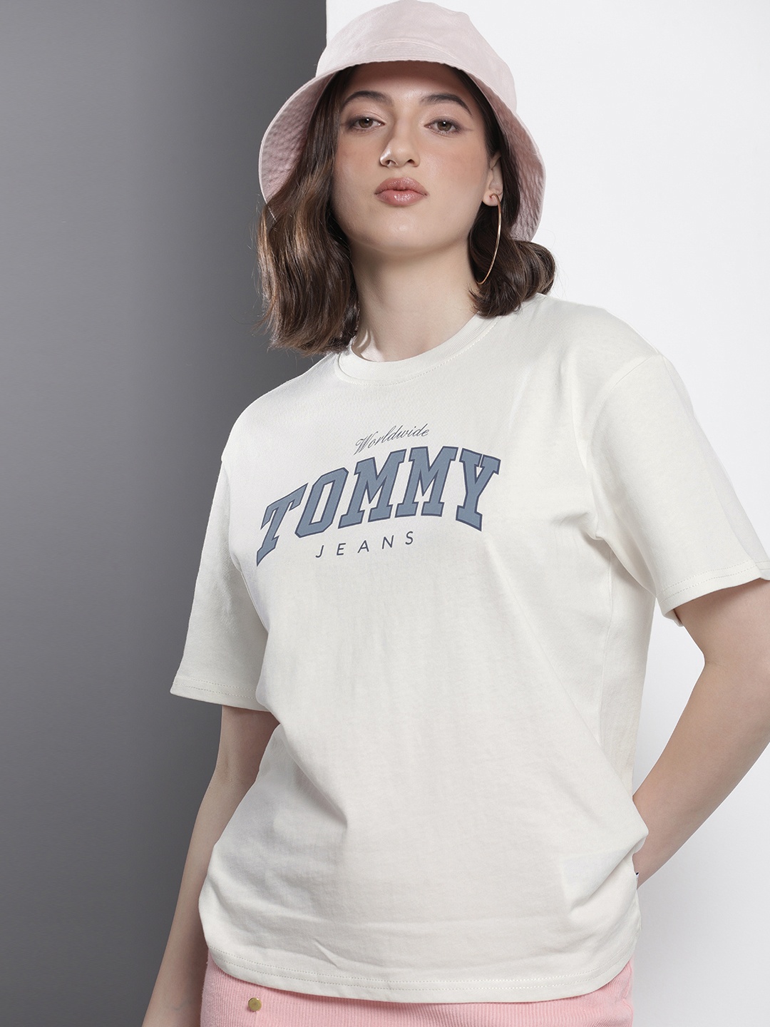 

Tommy Hilfiger Brand Logo Printed Drop-Shoulder Sleeves Pure Cotton T-shirt, Cream