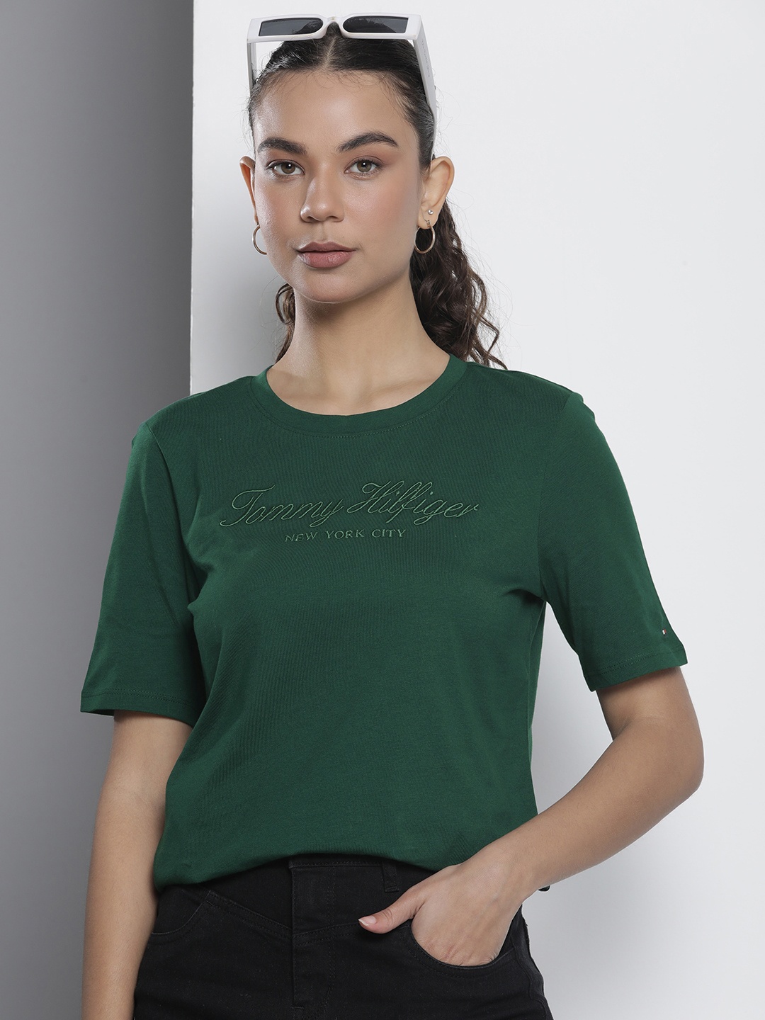 

Tommy Hilfiger Brand Logo Embroidered Pure Cotton T-shirt, Green