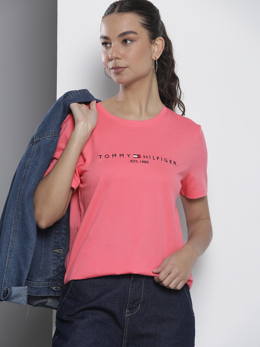 

Tommy Hilfiger Brand Logo Embroidered Pure Cotton T-shirt, Pink