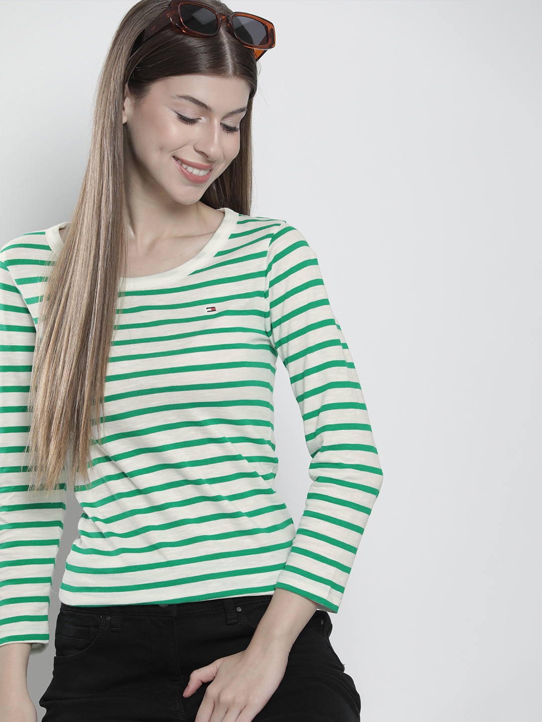 

Tommy Hilfiger Women Striped Pure Cotton Slim Fit T-shirt, White