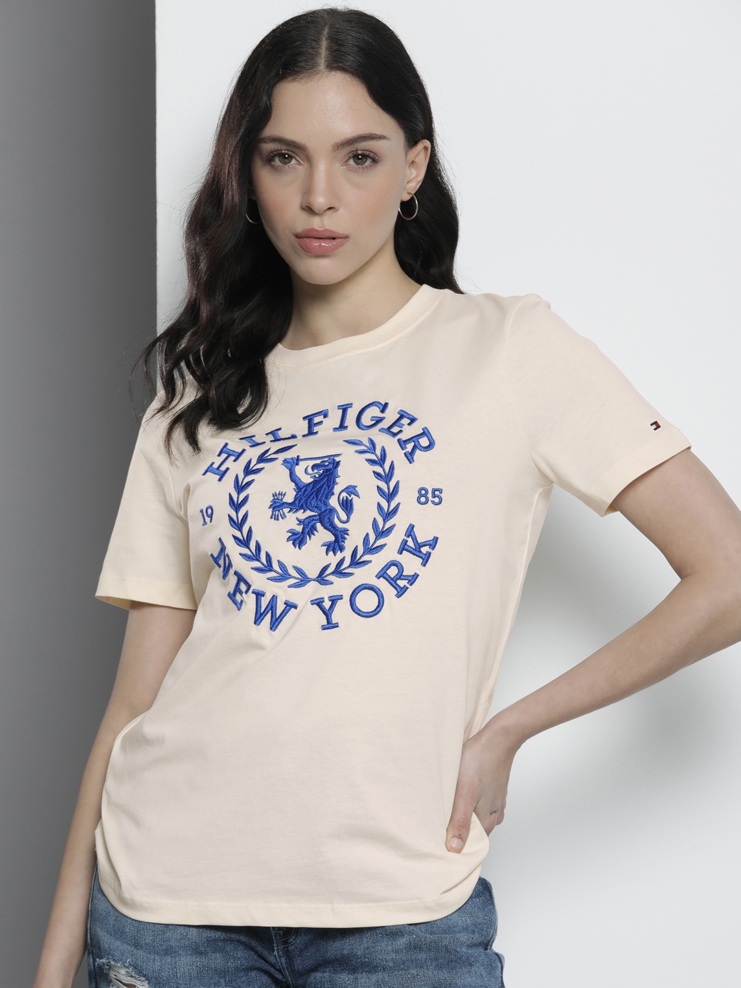 

Tommy Hilfiger Brand Logo Embroidered Pure Cotton T-shirt, Beige