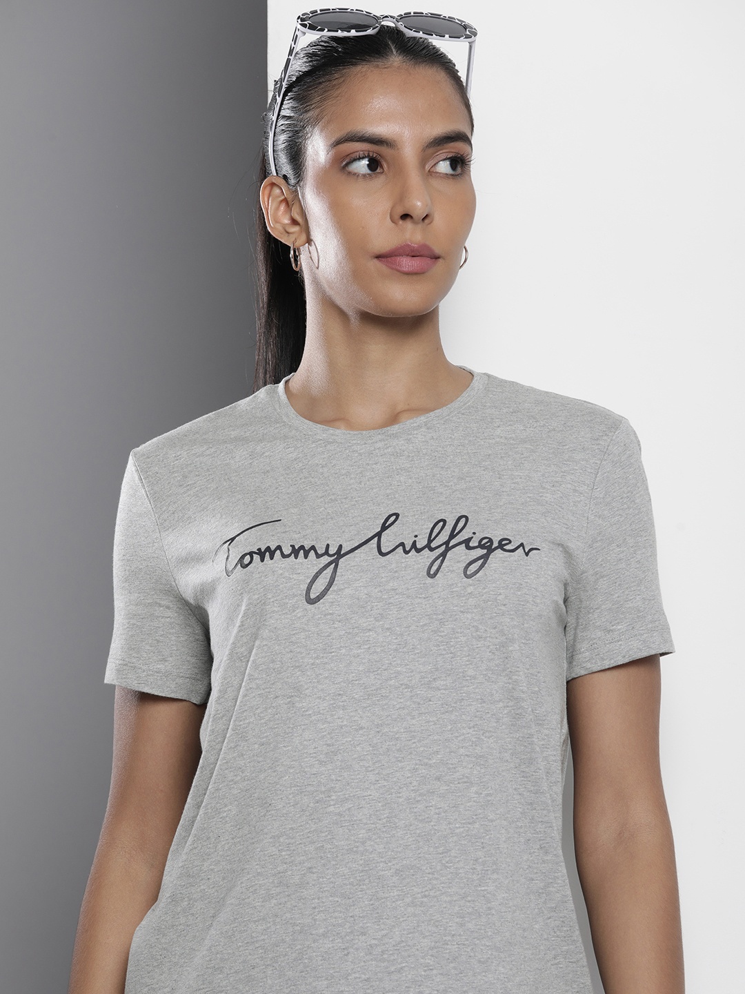 

Tommy Hilfiger Brand Logo Printed Pure Cotton T-shirt, Grey melange