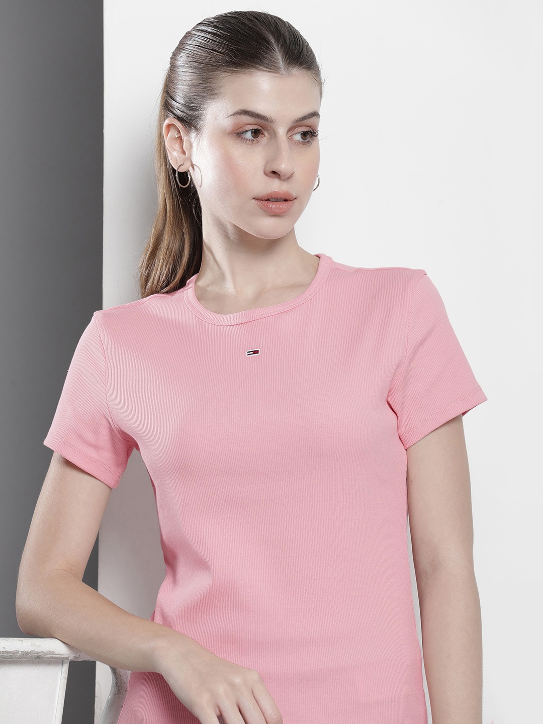 

Tommy Hilfiger Women Self Striped Slim Fit T-shirt, Pink