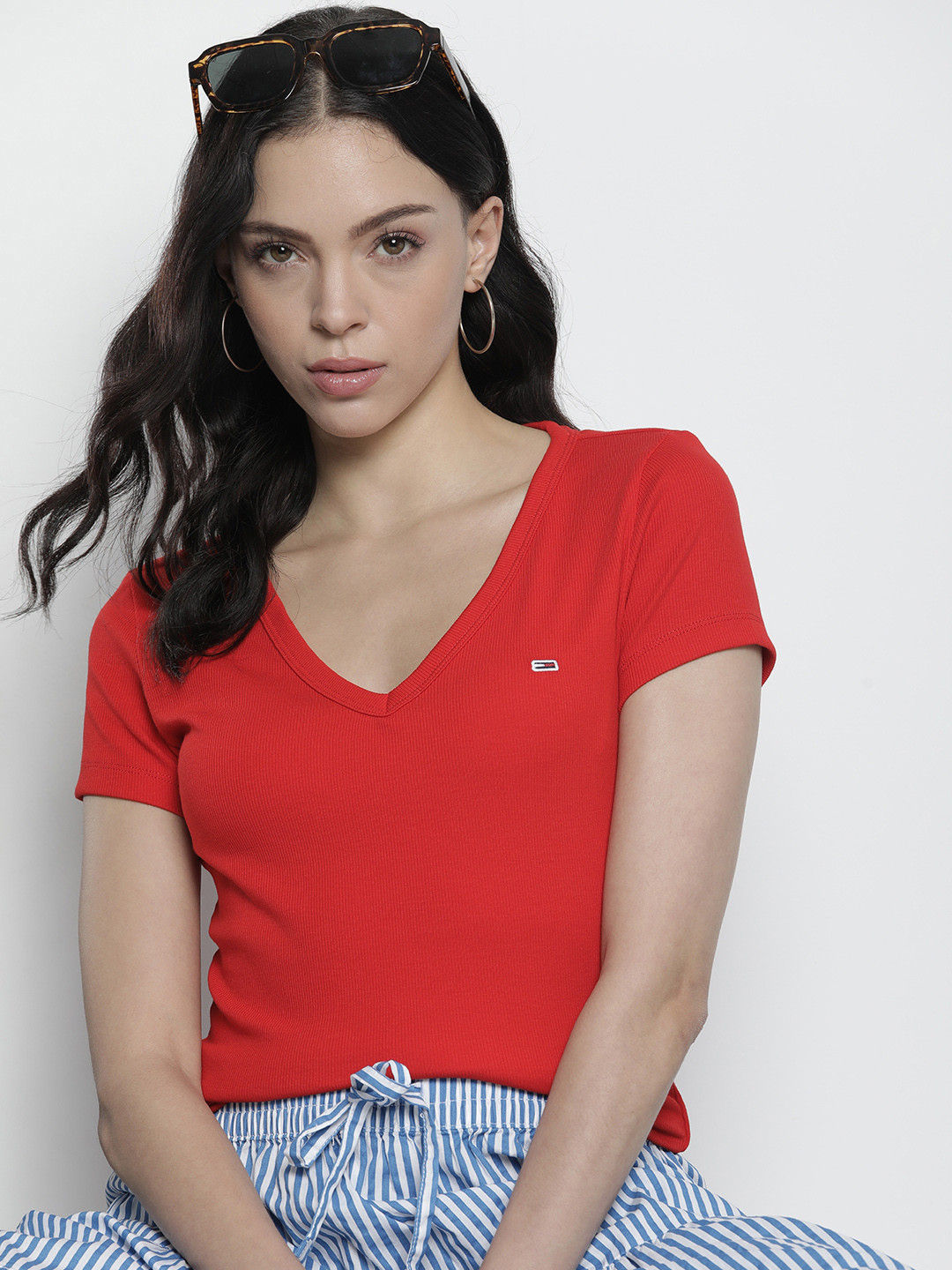 

Tommy Hilfiger Solid Ribbed V-Neck Slim Fit T-shirt, Red