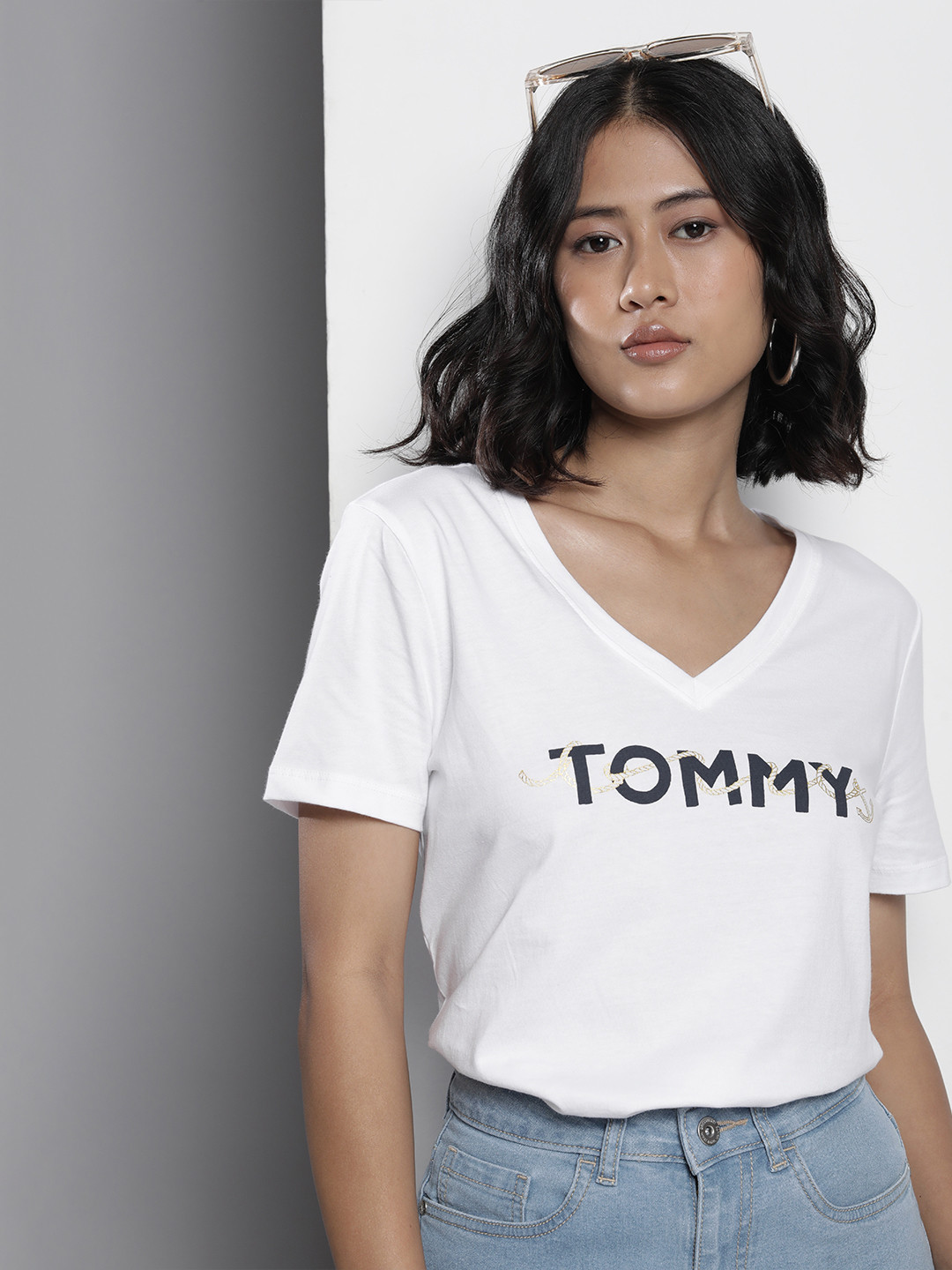 

Tommy Hilfiger Brand Logo Printed V-Neck Pure Cotton T-shirt, White