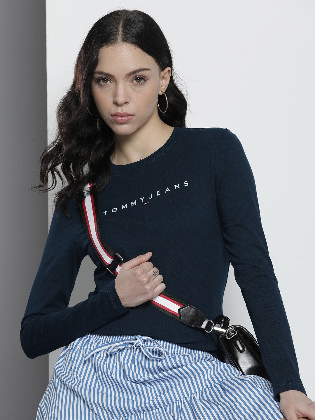 

Tommy Hilfiger Brand Logo Embroidered Pure Cotton Slim Fit T-shirt, Navy blue