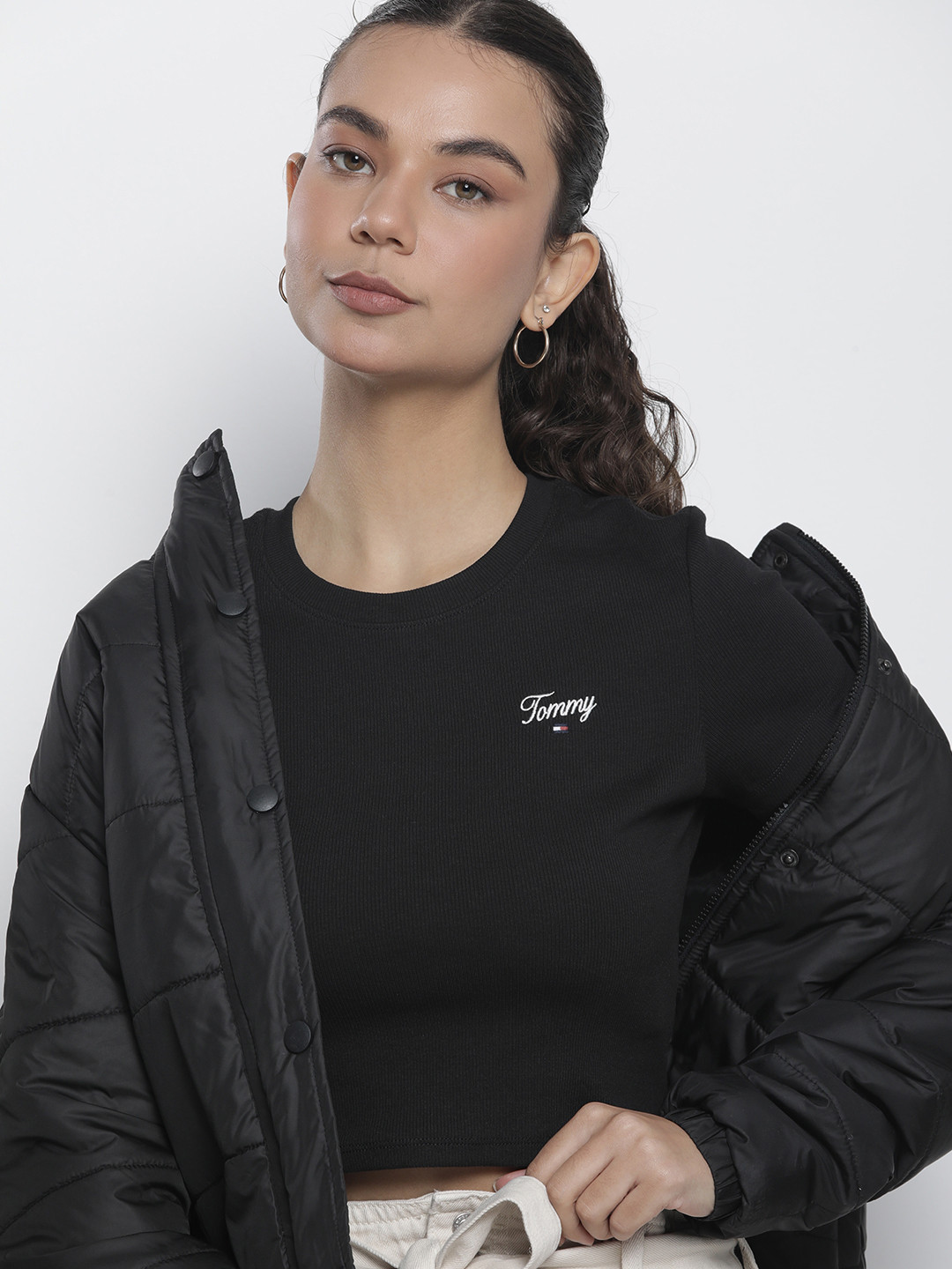 

Tommy Hilfiger Minimal Brand Logo Embroidered Detailed Crop T-shirt, Black