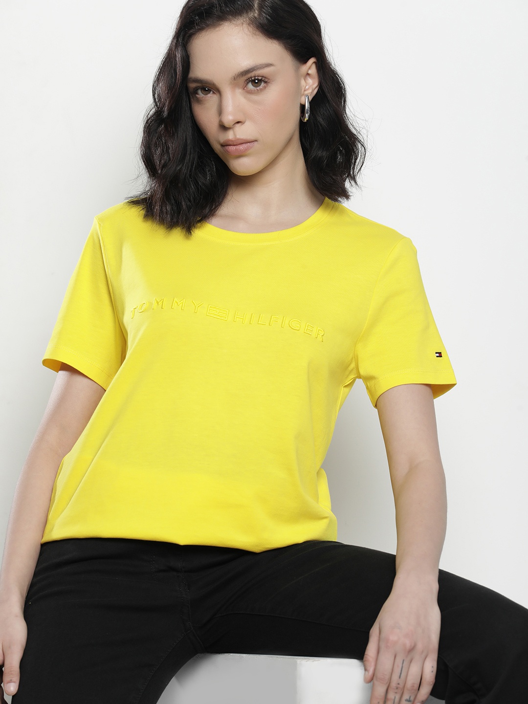 

Tommy Hilfiger Brand Logo Embroidered Pure Cotton T-shirt, Yellow