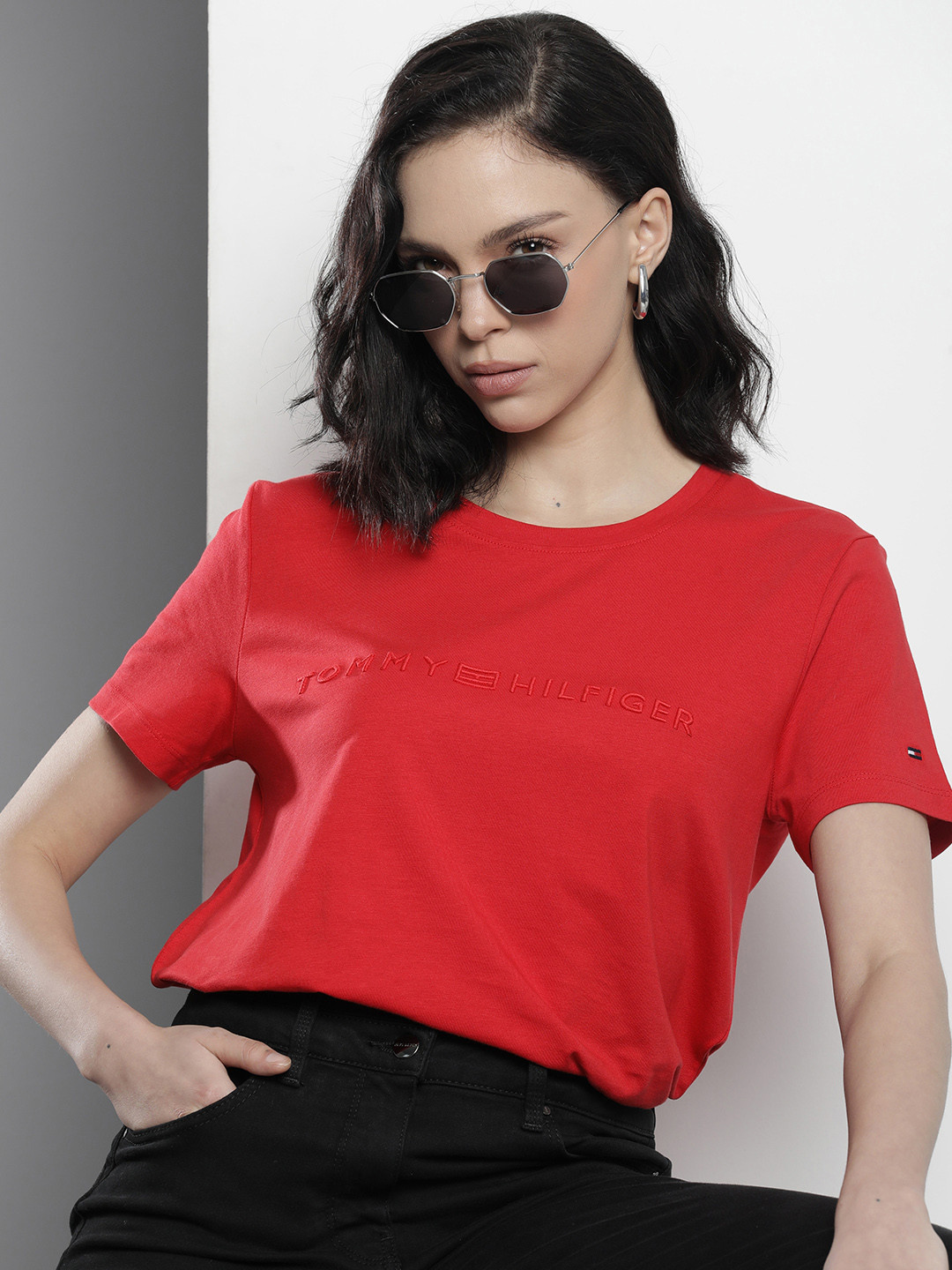 

Tommy Hilfiger Brand Logo Embroidered Pure Cotton T-shirt, Red