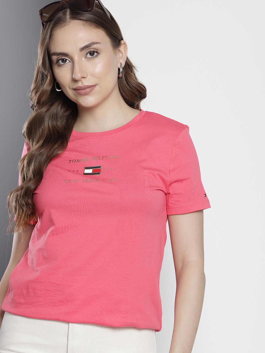 

Tommy Hilfiger Pure Cotton Brand Logo Printed T-shirt, Pink