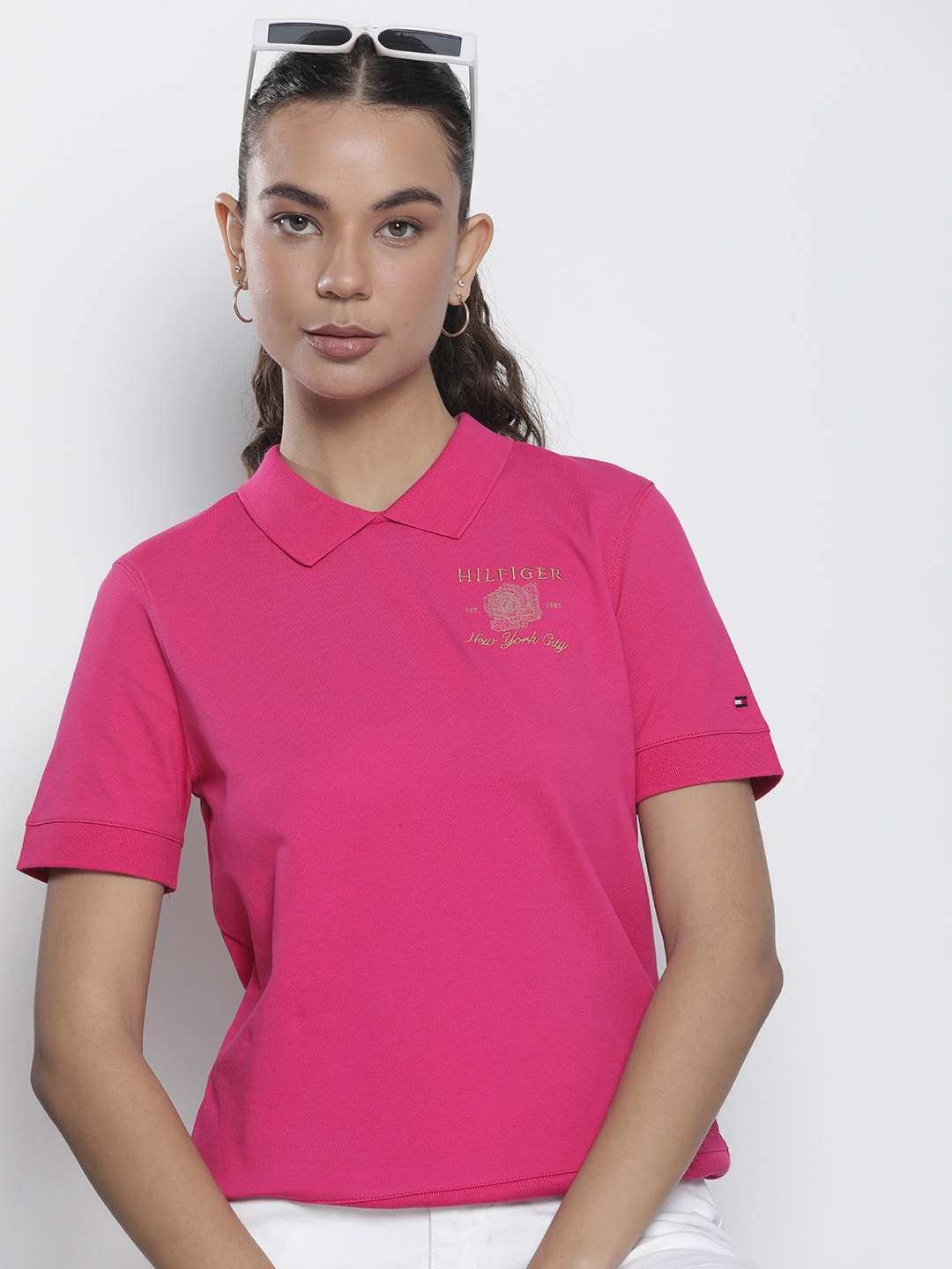 

Tommy Hilfiger Brand Logo Embroidered Polo Collar T-shirt, Pink