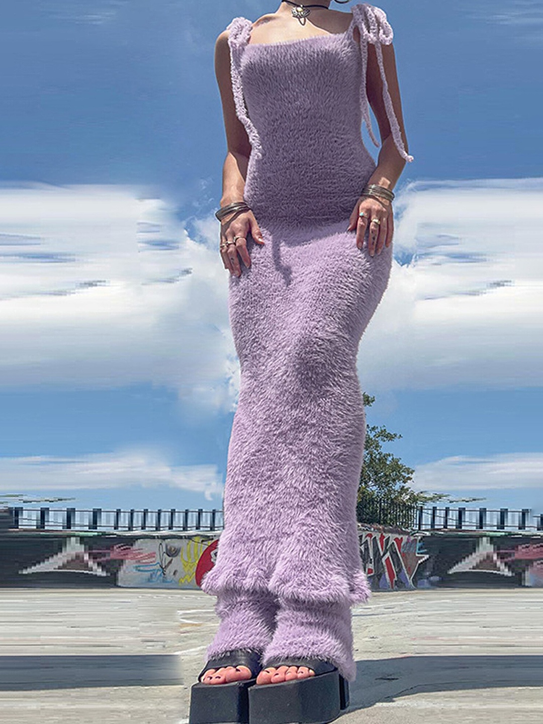 

LULU & SKY Self Design Maxi Fur Dress, Purple