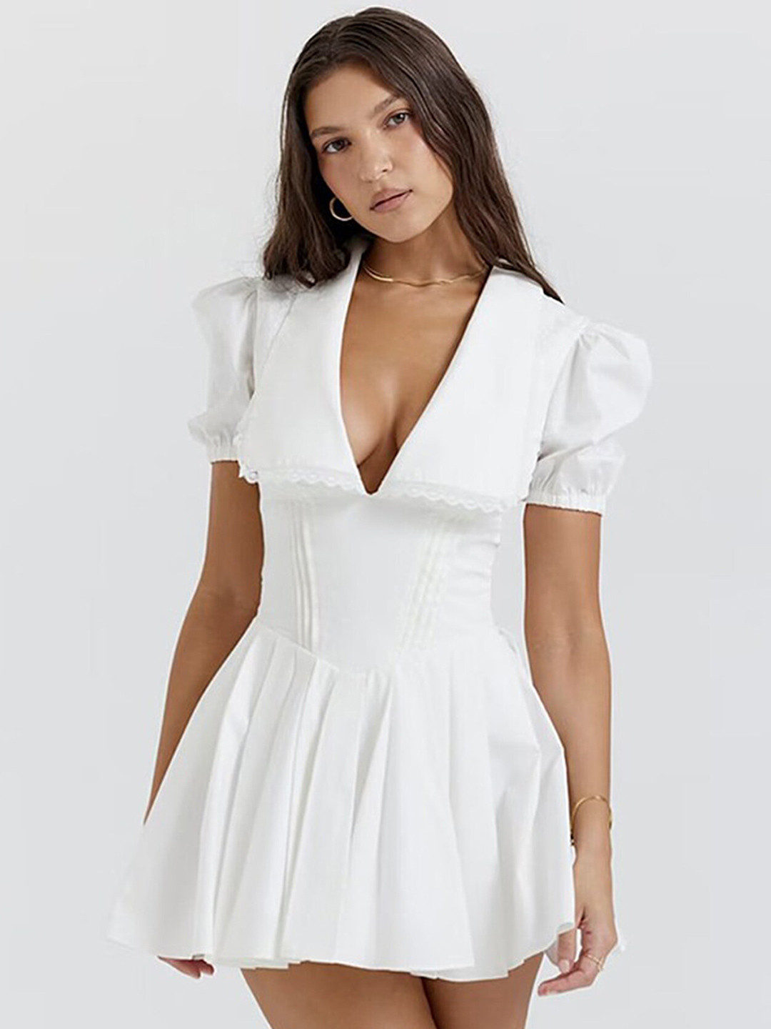 

LULU & SKY Above the Keyboard Collar Puff Sleeve Fit & Flare Mini Dress, White