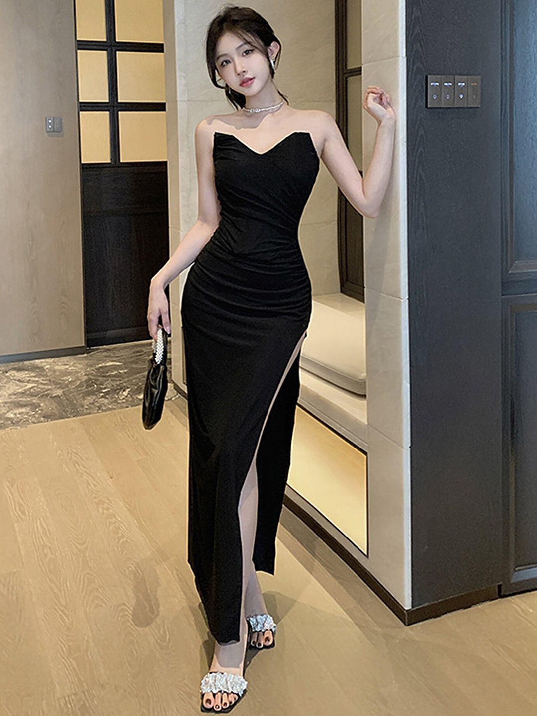 

LULU & SKY Strapless Thigh Slit Party Maxi Dress, Black