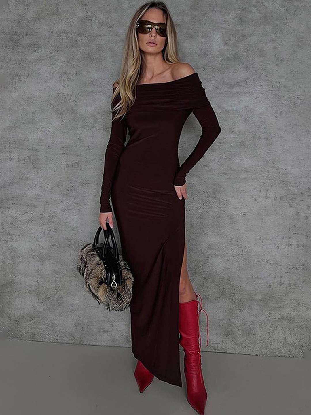 

LULU & SKY Off Shoulder Side Slit Maxi Dress, Brown