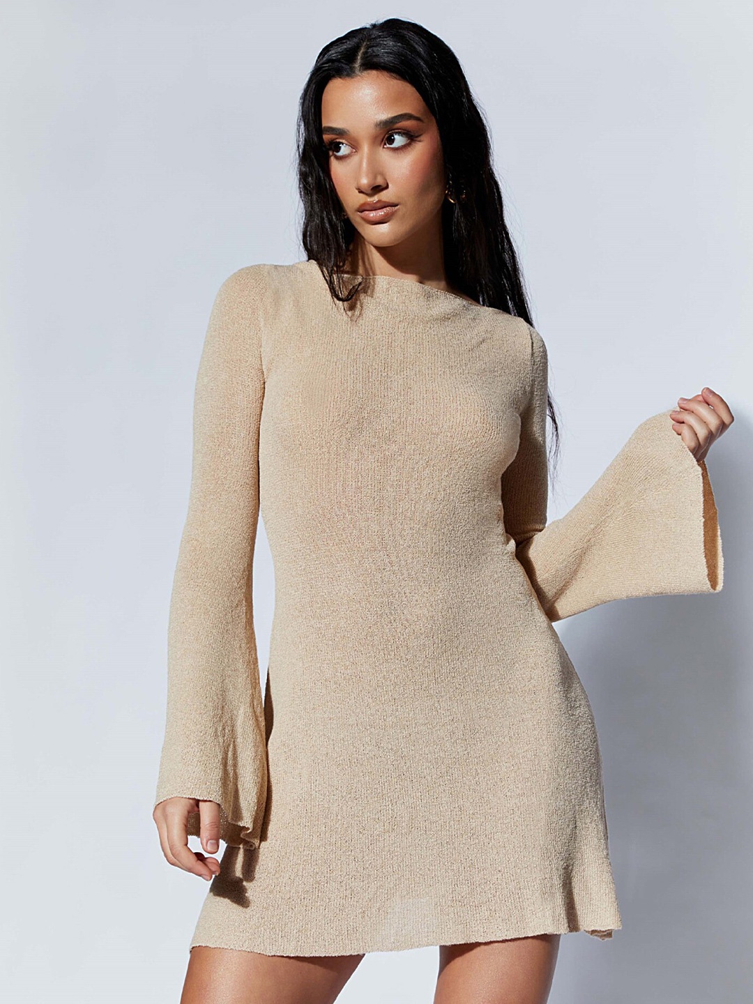 

LULU & SKY Round Neck Bell Sleeve Tie Up Mini A-Line Dress, Beige