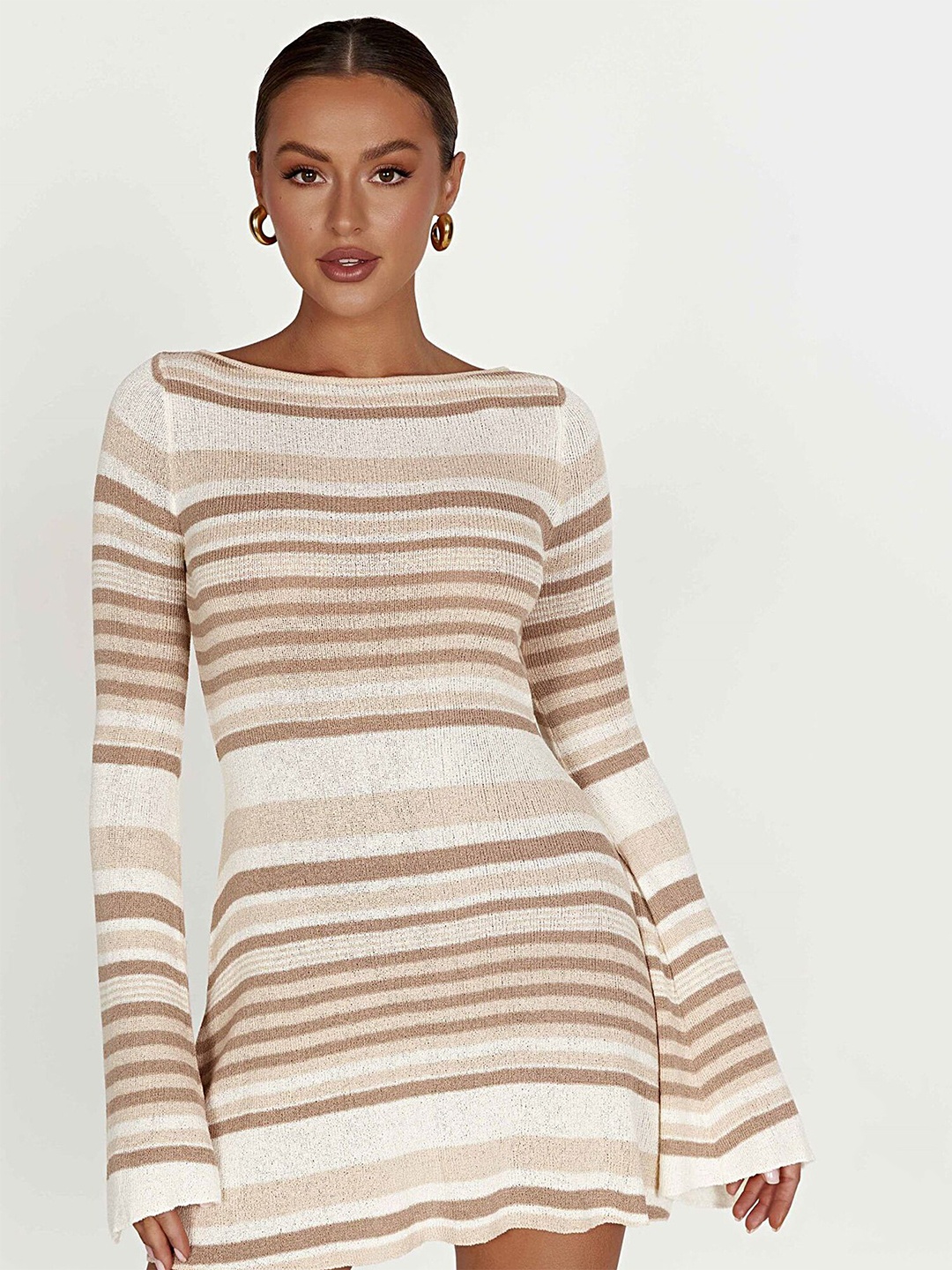 

LULU & SKY Striped Boat Neck Tie-Ups A-Line Mini Dress, Khaki