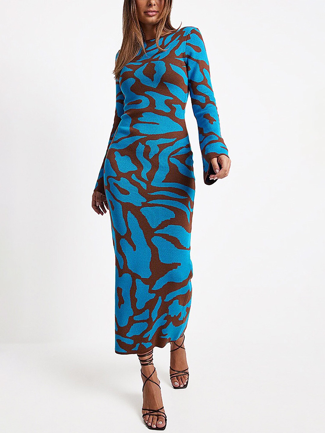 

LULU & SKY Abstract Printed Knitted Sheath Maxi Dress, Brown