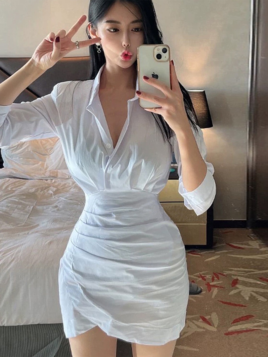 

LULU & SKY Cuffed Sleeves Pleated Shirt Style Dress, White