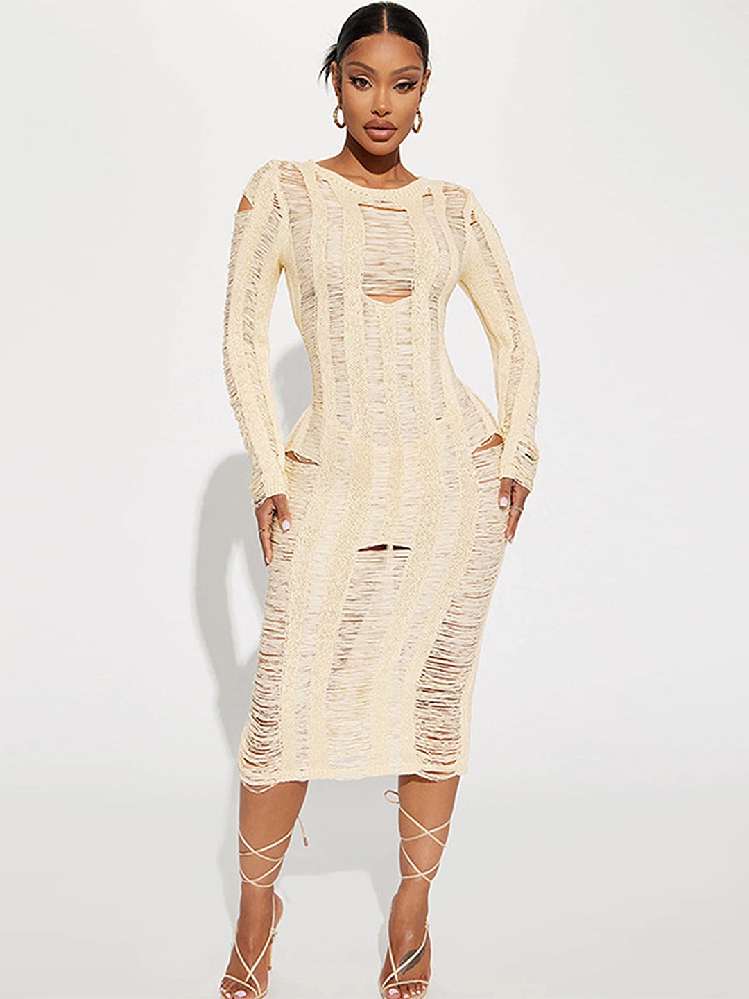 

LULU & SKY Ripped Bodycon Midi Dress, Beige