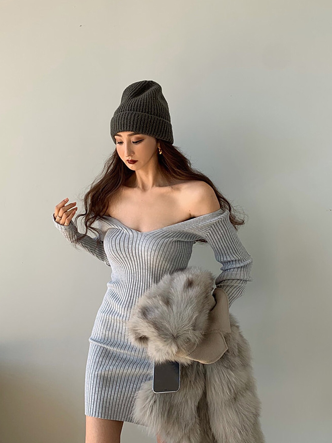 

LULU & SKY Striped Off-Shoulder Bodycon Mini Dress, Grey
