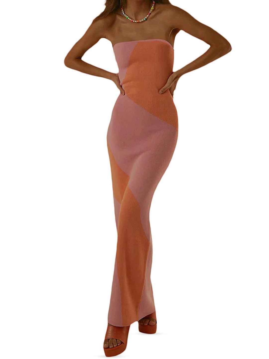 

LULU & SKY Colourblocked Strapless Bodycon Maxi Dress, Pink