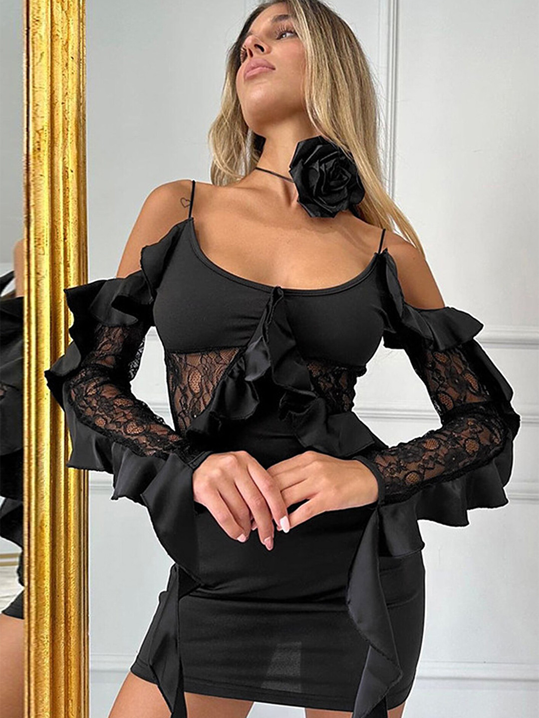

LULU & SKY Self Design Shoulder Straps Cold-Shoulder Ruffled Bodycon Mini Dress, Black