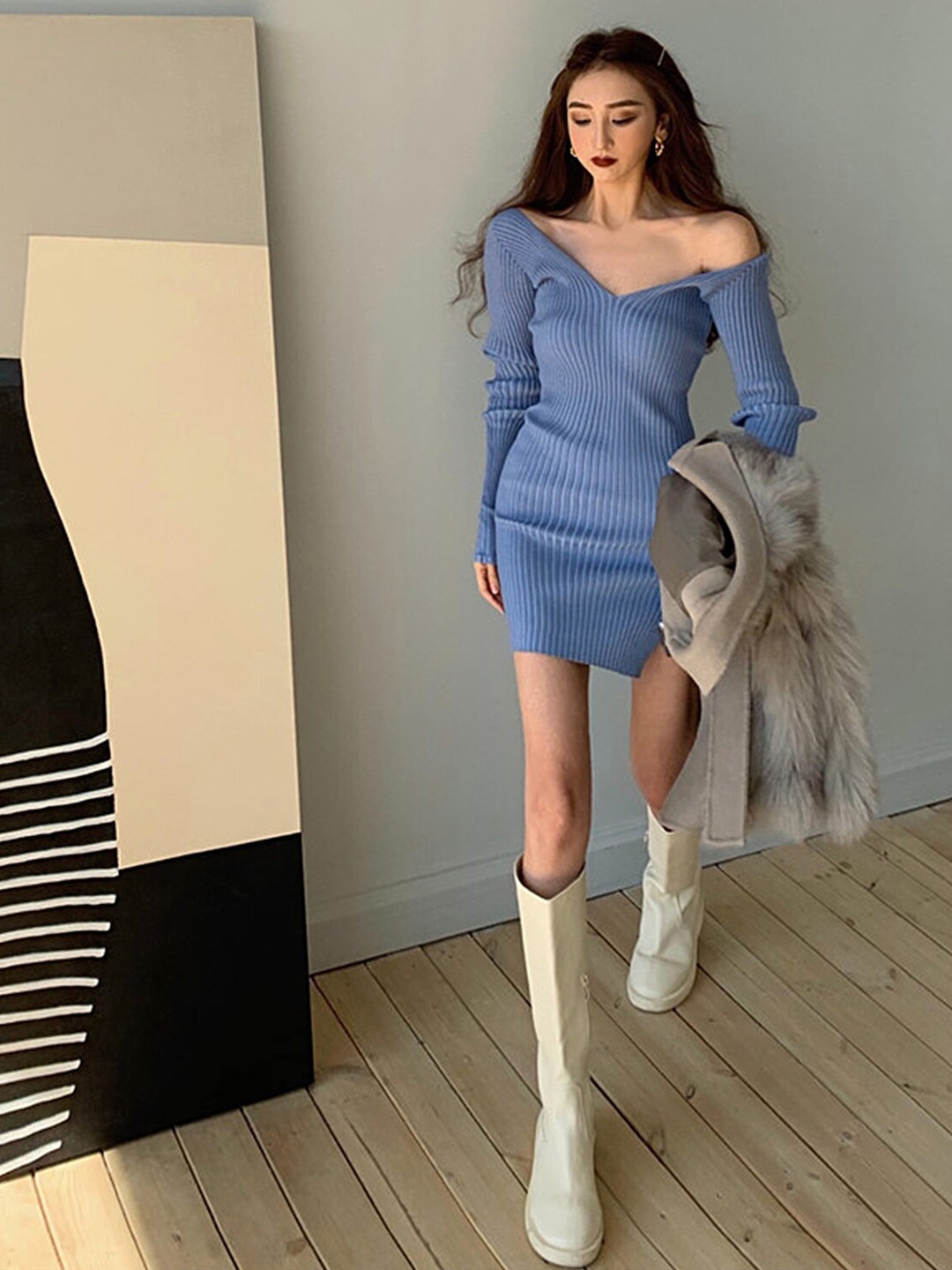 

LULU & SKY Ribbed Off-Shoulder Sheath Dress, Blue