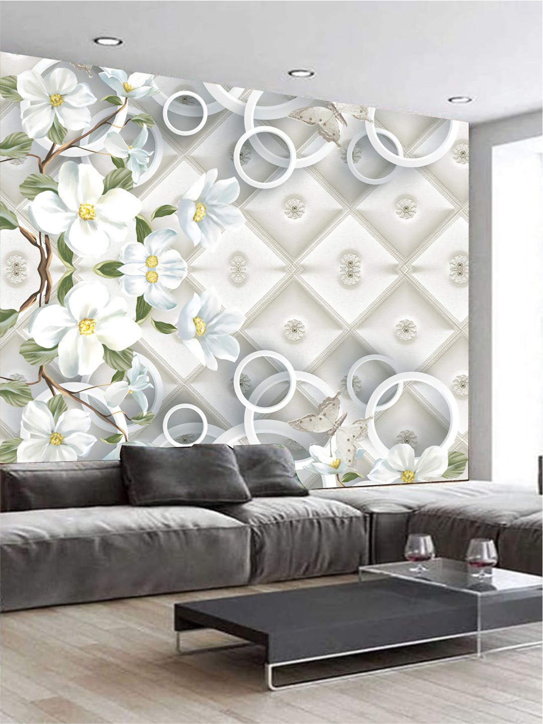 

KSHIRSA Grey & White Floral Printed Self Adhesive Removable Wallpaper