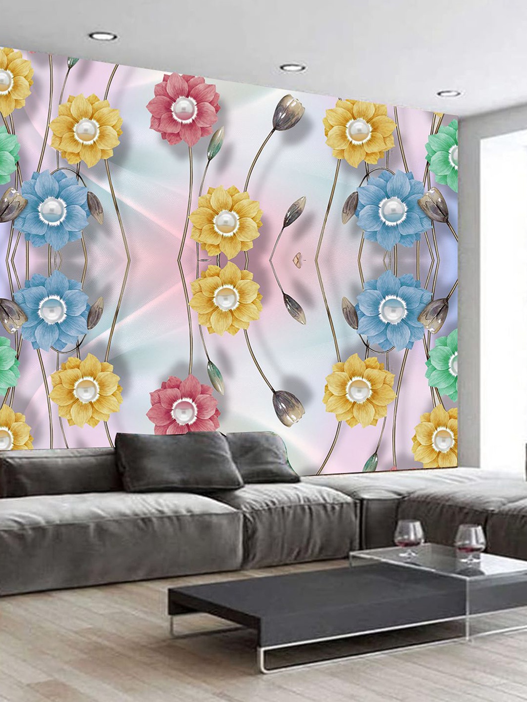 

KSHIRSA Blue & Yellow Floral Printed Self-Adhesive Removable Wallpaper