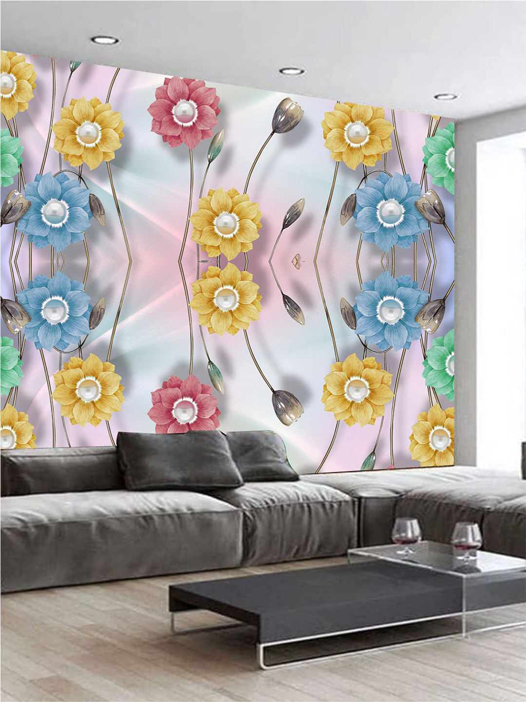 

KSHIRSA Yellow & Blue Floral Printed Self Adhesive Removable Wallpaper