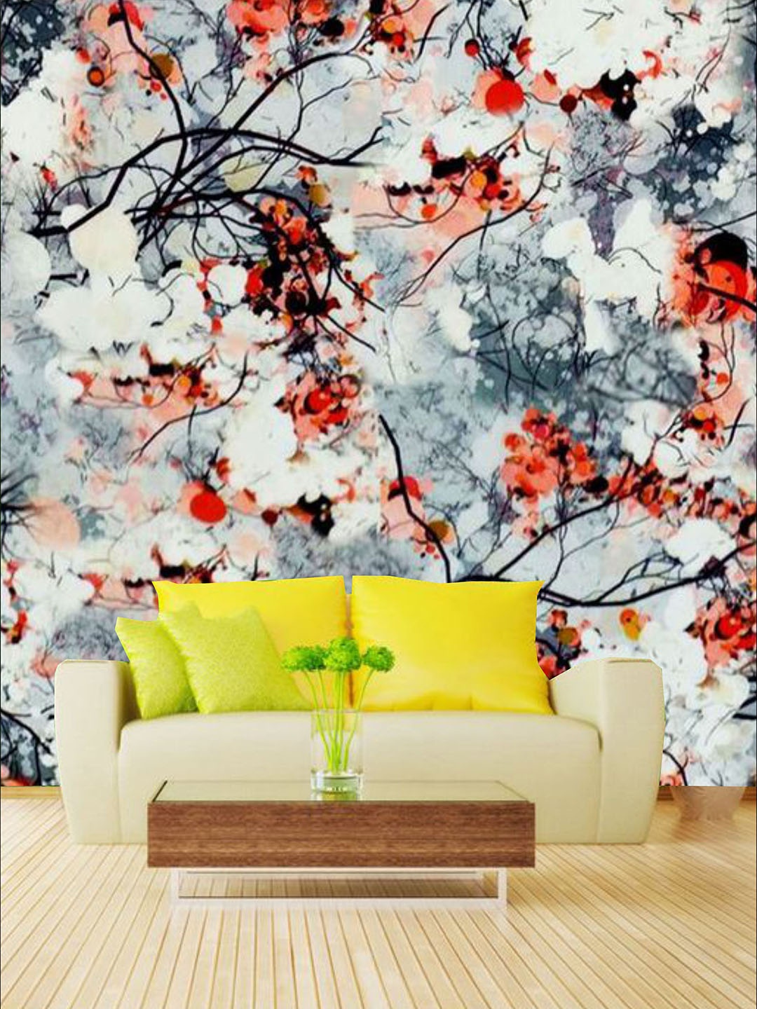 

KSHIRSA Grey & Red Floral Printed Self Adhesive Removable Wallpaper