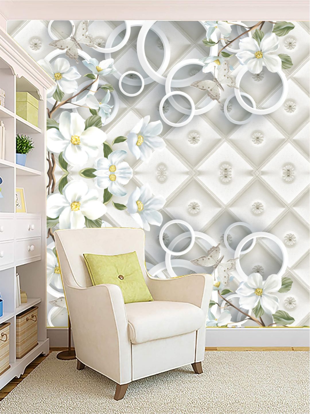 

KSHIRSA Off White & Grey Floral Self Adhesive Removable Wallpaper