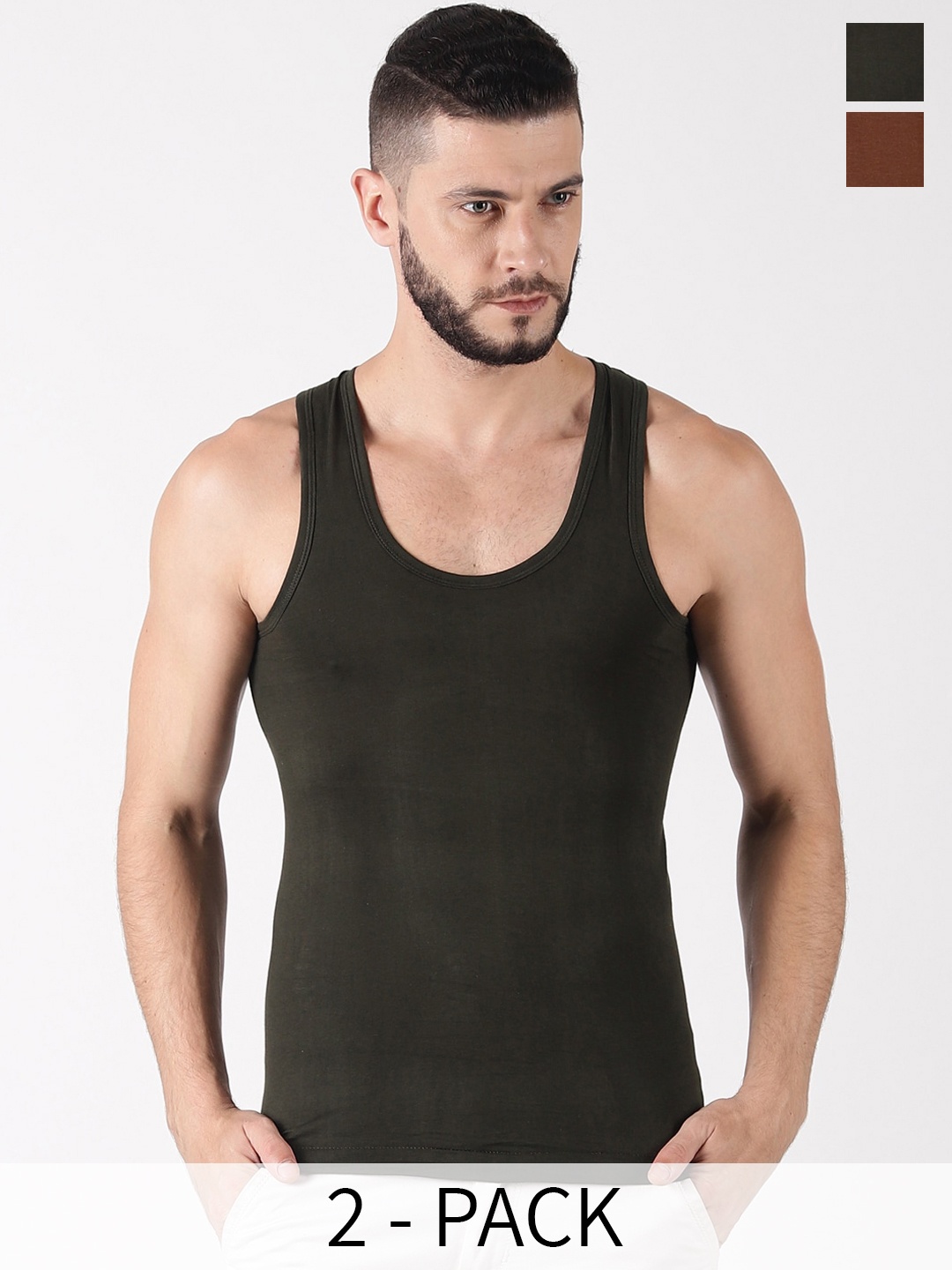 

Dollar Pack Of 2 Pure Cotton Sleeveless Basic Vests MLHVE-01-PO2-ASST, Brown