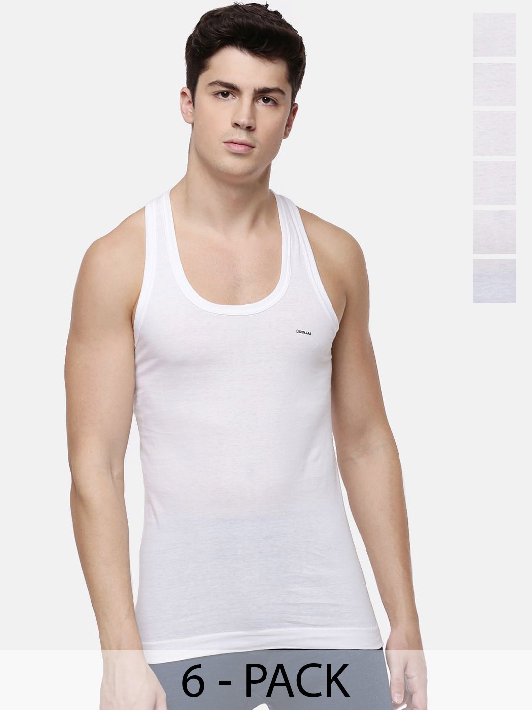 

Dollar Men Pack Of 6 Cotton Sleeveless Innerwear Vests, White