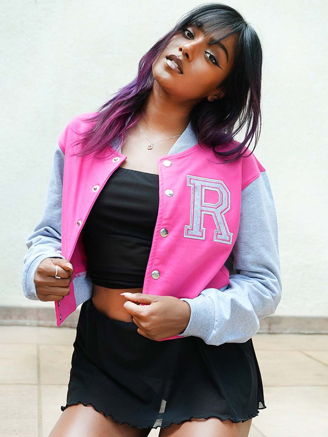 

IZF Colourblocked Mandarin Collar Cotton Crop Bomber Jacket, Pink