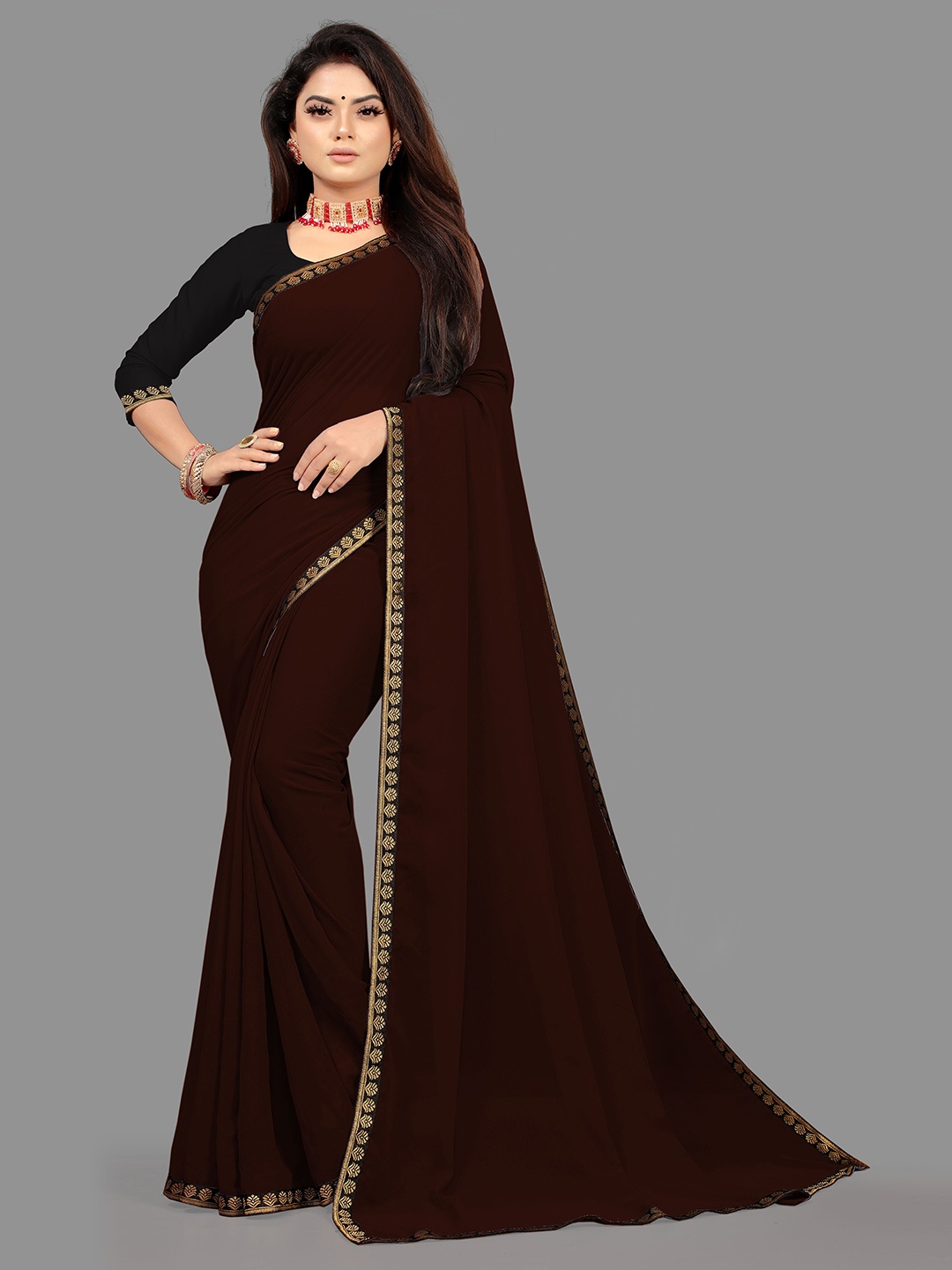 

Vijodhya Zari Pure Georgette Satin Saree, Brown