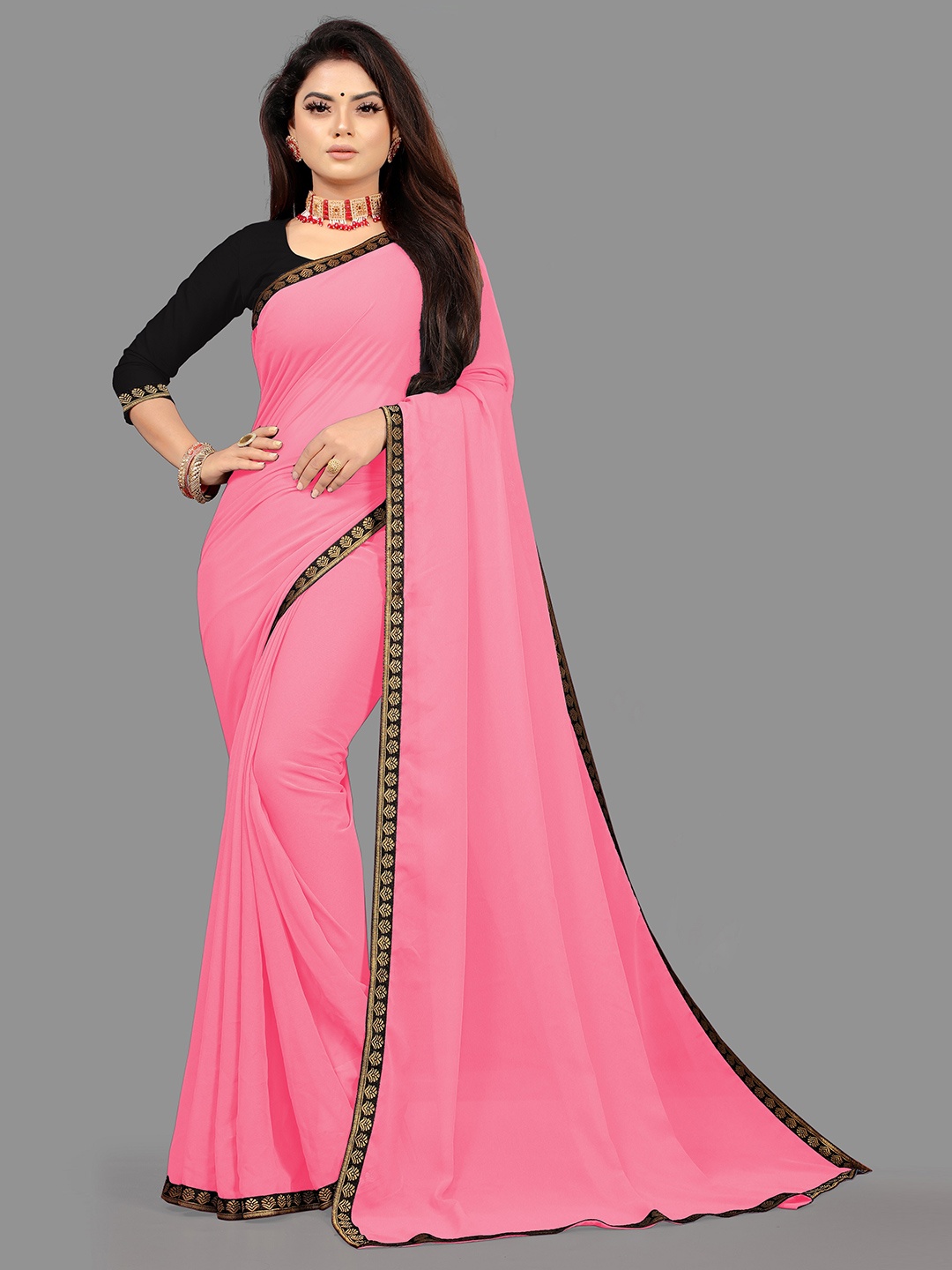 

Vijodhya Zari Pure Georgette Satin Saree, Pink
