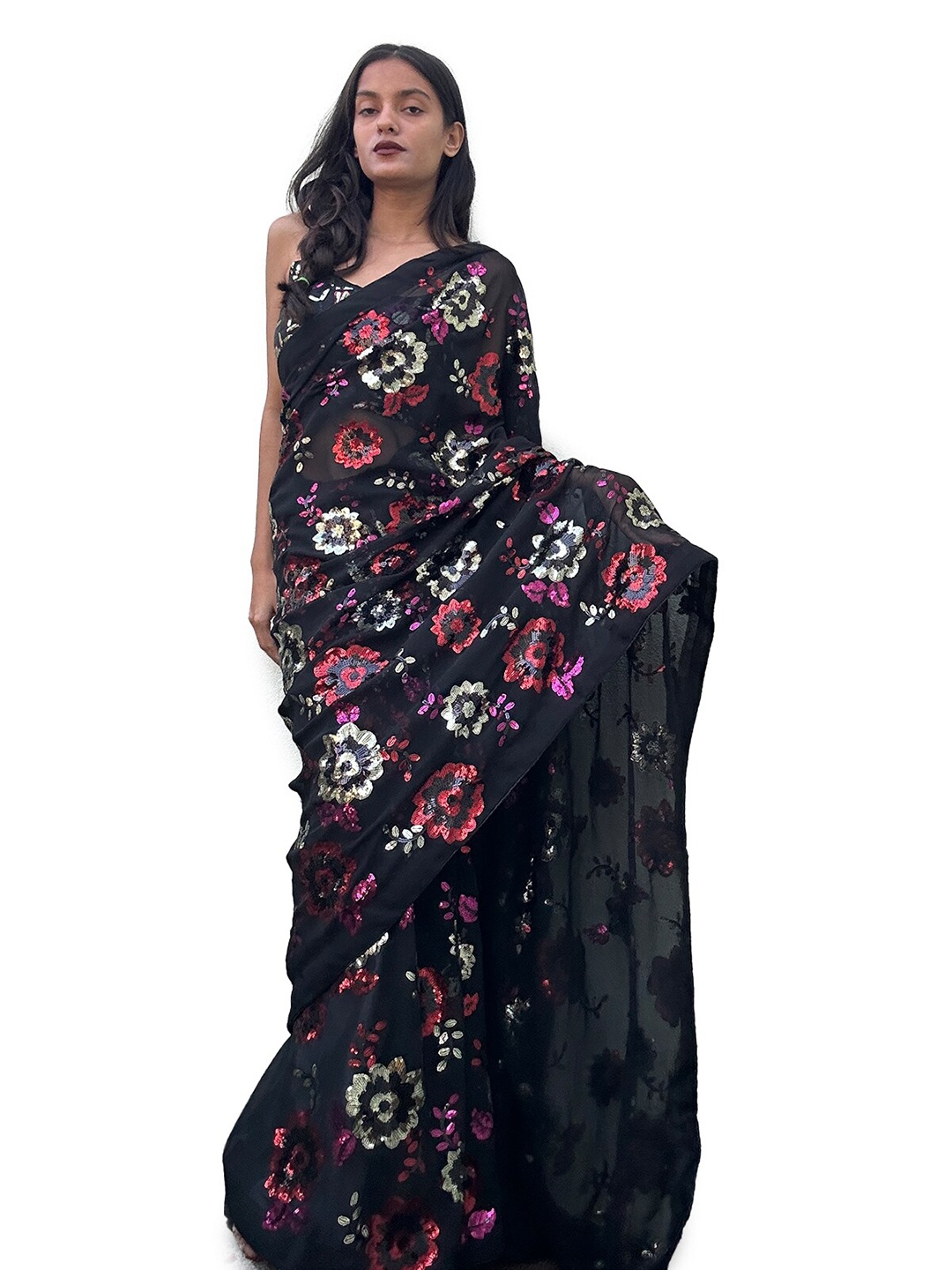 

ODETTE Floral Embellished Georgette Saree, Black